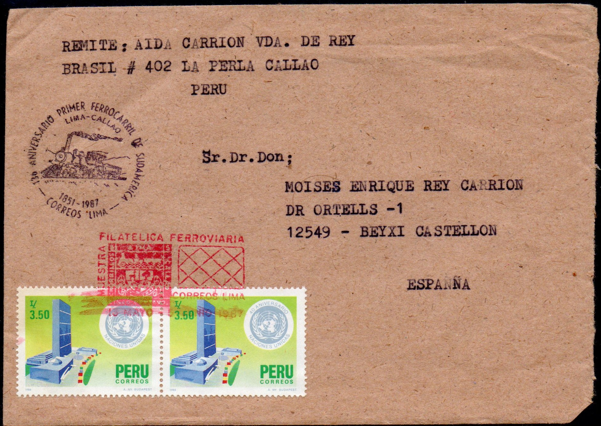 Sellos Postales Peru Commemorative Cancellation Trencito 1987 136th Anniversary of the Lima-Callao Railway